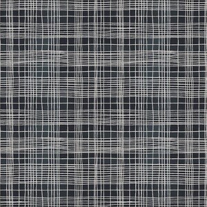 May include: A dark charcoal gray fabric featuring a repeating grid pattern of thin, hand-drawn white lines. The design consists of intersecting horizontal and vertical lines that create a textured, woven appearance across the entire surface.