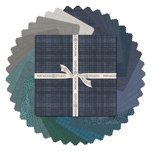 May include: A bundle of 42 fat quarter fabric squares in shades of blue and green. The fabric squares are arranged in a circle and tied with a ribbon that reads "Maywood Studio".