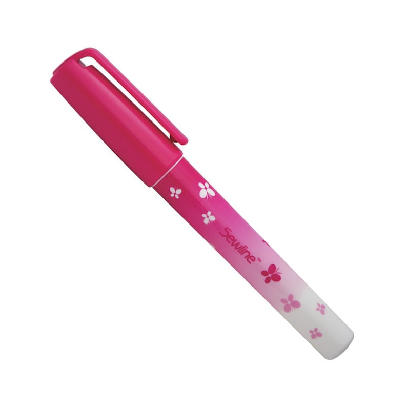 May include: A pink fabric marking pen with a white butterfly design and the text "Sewline" on the side.