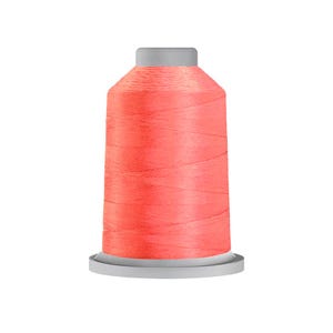 May include: A spool of vibrant coral-colored sewing thread wound tightly around a cylindrical core. The thread features a smooth, consistent texture and a matte finish, with a light gray plastic base and a matching light gray top cap.