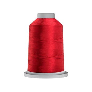 May include: A spool of vibrant red embroidery thread featuring a smooth, lustrous finish. The thread is tightly wound around a cylindrical core with a light gray plastic base and a matching light gray top cap, creating a uniform, cylindrical shape.