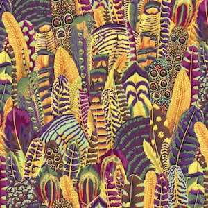 May include: A vibrant, colorful pattern of feathers in shades of yellow, purple, green, and orange. The feathers vary in size and shape, creating a textured, layered effect. The design is detailed, with visible patterns and textures on each feather.