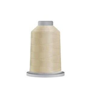 May include: A spool of light beige sewing thread wound onto a cylindrical plastic core. The thread is wrapped in a smooth, consistent pattern around the central tube, which features a flat gray base and a matching gray top cap for stability.