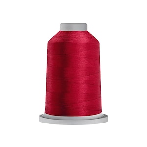 May include: A spool of deep red sewing thread featuring a cylindrical shape with a flat top and a wider base. The thread is tightly wound around the central core, displaying a smooth, consistent texture and a vibrant, saturated crimson color.