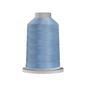 May include: A spool of light blue sewing thread featuring a cylindrical shape with a flat top and base. The thread is wound tightly around the central core, displaying a smooth, consistent texture and a soft, cool-toned blue color throughout.