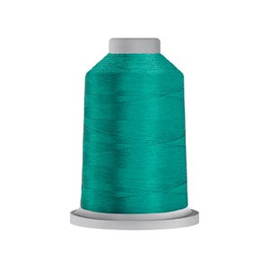 May include: A spool of vibrant teal sewing thread featuring a smooth, lustrous finish. The thread is wound tightly around a cylindrical core with a light gray plastic base and a matching light gray top cap, creating a uniform and clean appearance.