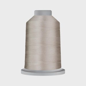 May include: A spool of light beige thread, ideal for sewing and embroidery projects. The thread is tightly wound around a gray plastic core, with a matching gray top. The thread has a subtle sheen, suggesting a high-quality material.