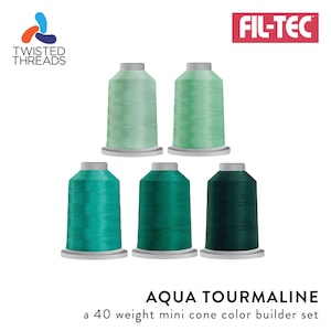 May include: A set of five Fil-Tec Twisted Threads mini cones of sewing thread in a gradient of aqua and tourmaline green shades. The text reads Fil-Tec, Twisted Threads, and Aqua Tourmaline a 40 weight mini cone color builder set.