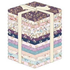 May include: A stack of patterned fabric squares in various colors, including purple, pink, and blue, tied with a cream ribbon. The fabric features floral and animal designs. The stack is arranged in a hexagonal shape.