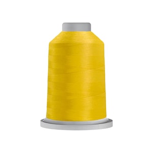 May include: A spool of vibrant yellow sewing thread wound tightly around a cylindrical core. The thread features a smooth, consistent texture and a bright, saturated color. The spool has a flat, light gray base and a matching light gray top cap.