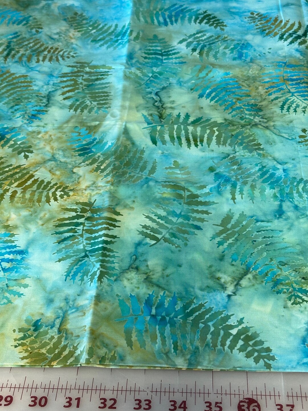 Batik Medium Blue Green Fern Leaf Leaves Marbled Watercolors Batik ...