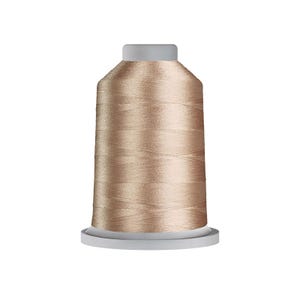 May include: A spool of metallic champagne-colored embroidery thread featuring a smooth, lustrous finish. The thread is wound tightly around a cylindrical plastic core with a flat base and a slightly tapered top, showcasing a consistent, uniform texture.