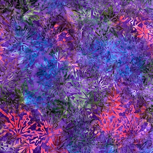 May include: Purple fabric with a repeating pattern of blue, pink, and green stylized flowers.