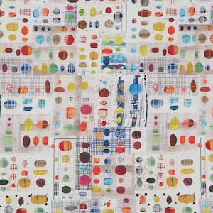 May include: Abstract fabric pattern featuring a collage of colorful shapes. The design includes various sized ovals, circles, and rectangles in shades of red, yellow, blue, and green, set against a white background. Some shapes have grid-like patterns.