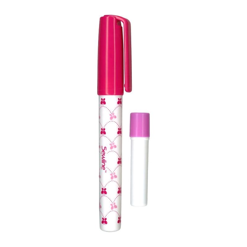 May include: A pink fabric marking pen with a white and pink butterfly design. The pen has a pink cap and a white barrel with the text "Sewline" printed on it.