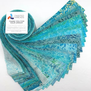 May include: A collection of blue and turquoise fabric strips, fanned out to display various patterns. The fabrics are arranged in a spiral, with a tag that reads "THANK YOU FOR YOUR ORDER!" and the Twisted Threads logo.