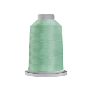 May include: A spool of mint green thread, ideal for sewing and embroidery projects. The thread is tightly wound on a white and gray spool, with a smooth, shiny texture. The thread is a soft, pastel green color.