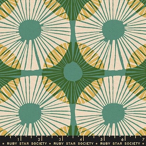 May include: A repeating pattern of large, stylized floral designs. Each flower has a teal center, cream-colored petals, and yellow accents. The background is a mix of teal and green. The fabric is from Ruby Star Society.