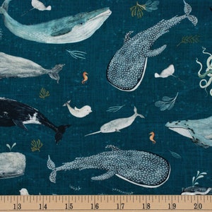 BTY Windham Whale Tales by Katherine Quinn Whale Shark Octopus Narwhal Whale Blue Cotton Fabric Yard 52099D-1