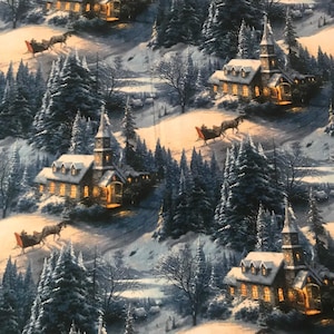 May include: A fabric featuring a winter landscape with snow-covered hills, evergreen trees, and illuminated churches. Horse-drawn sleighs are visible, creating a festive, holiday theme. The color palette includes shades of blue, white, and warm yellow.