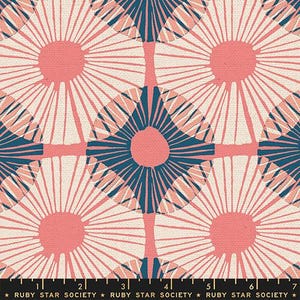 May include: A repeating pattern of stylized floral designs in coral, navy blue, and off-white. The design features circular shapes with radiating lines, creating a geometric and botanical aesthetic. The fabric has a textured appearance, with the text "RUBY STAR SOCIETY" at the bottom.