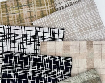 NEW Windham The Plaid One Marcia Derse NEUTRAL Modern Abstract Cotton Fabric 7 Fat Quarter Set