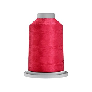 May include: A spool of vibrant magenta sewing thread featuring a smooth, cylindrical body wrapped in high-sheen fiber. The spool has a light gray plastic base and a matching light gray top cap, providing a clean, structured appearance for this item.