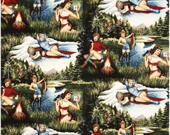 BTY OOP Alexander Henry Au Natural Outdoorsy Camping Fishing Pin Ups Cotton Fabric Yard