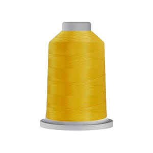 May include: A spool of vibrant yellow sewing thread wound tightly around a cylindrical core. The spool features a flat, light gray base and a matching light gray top cap, providing a clean, structured appearance for this essential textile supply.