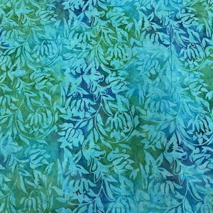 BTHY Java Batik Medium Turquoise Blue Aqua Leaf Leafy Marbled Watercolors Batik Cotton Fabric HALF Yard