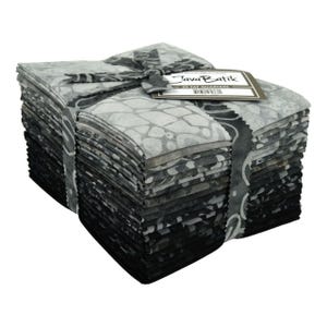 May include: A stack of 20 fabric fat quarters in a gradient of gray and black shades, tied with a matching fabric ribbon. A rectangular tag on top reads Java Batik 20 Fat Quarters. The fabric pieces feature various abstract patterns in monochrome.