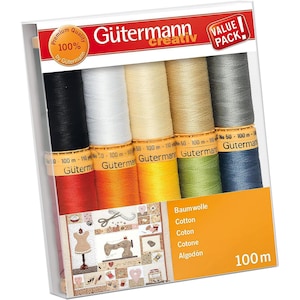 May include: A value pack of 8 spools of 100m Gutermann thread in assorted colors. The spools are labeled with the brand name and the length of the thread. The pack is labeled "Value Pack" and "Premium Quality 100% by Gutermann".