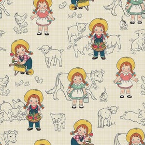 May include: A repeating pattern featuring cartoon illustrations of a young girl in a yellow sun hat, dressed in farm attire, interacting with farm animals. The design includes pigs, cows, chickens, and lambs, all rendered in a vintage, hand-drawn style on a cream-colored background.