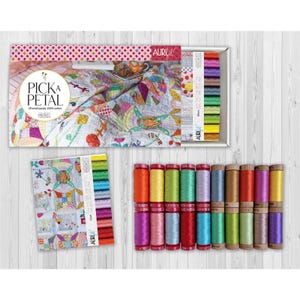 May include: A set of Aurifil Pick a Petal 100% cotton thread spools featuring a box with a colorful quilt pattern and twenty small spools of thread in various solid colors arranged in two rows of ten, alongside a matching thread color card.