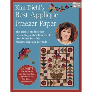 May include: A blue book cover titled Kim Diehl's Best Appliqué Freezer Paper featuring a photo of the author, a floral appliqué design, and a quilt image. The text states it contains 30 sheets for an invisible machine-appliqué method.