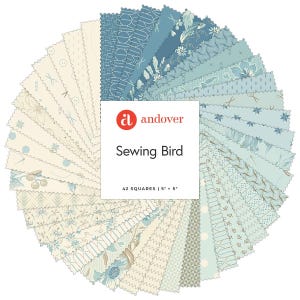 In Stock Andover Sewing Bird Edyta Sitar Laundry Basket Quilts LBQ Blue and Cream Charm Square Fabric Bundle