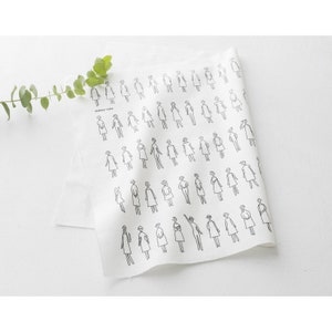 May include: White fabric with a repeating pattern of black line drawings of people. The fabric has the text "everyday story" printed on it.