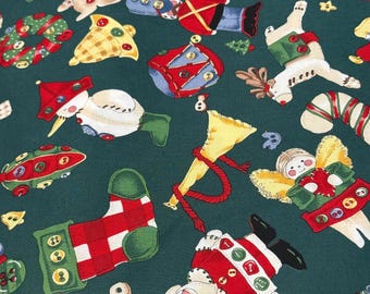 BTY OOP Alexander Henry Buttoned Up for Christmas 1999 Green Cotton Fabric