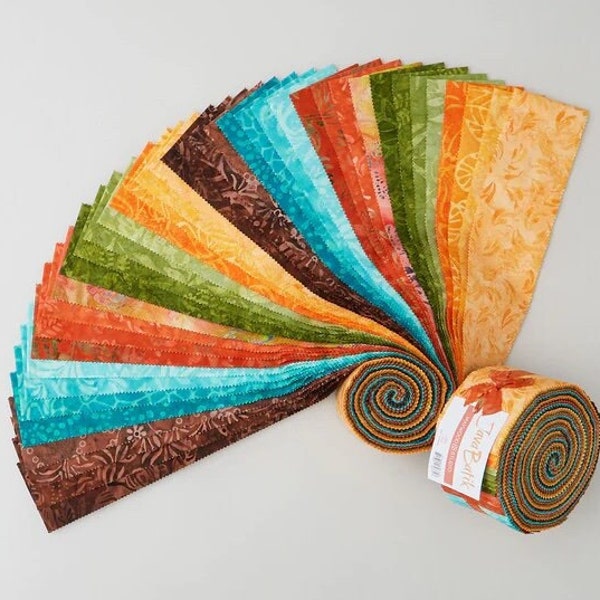 Java Batiks Sunset Yellow Orange Teal Brown Green Batik Jelly Roll 40 2.5 Inch Fabric Strips ST-MASJAB-SUN