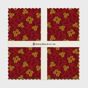May include: A stack of square fabric swatches with pinked edges, featuring a deep red background with a repeating pattern of small yellow flowers. A white paper band wraps around the center, printed with the text Henry Glass & Co., Inc.