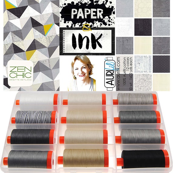 Aurifil Paper & Ink Collection Zen Chic Cotton 50 Weight Wt Large Spool Neutral Beige Gray Grey Taupe White Quilting Thread Set of 12