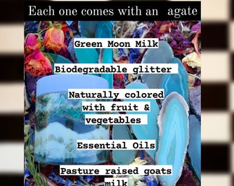 Frasco mágico de baño de ágata verde, ritual de luna llena, leche lunar, premio en el interior, productos orgánicos para el cuidado de la piel y el spa.