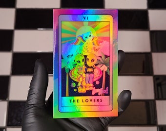 Pegatina holográfica de tarot de los amantes, cara sonriente de los 90, extraterrestres kawaii, colores brillantes