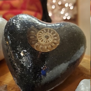 May include: A heart-shaped, black stone with a sparkling surface. An embedded, tan-colored ammonite fossil is centered on the stone. The stone is likely a decorative item or a unique piece of home decor.