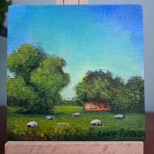 Miniature Landscape Magnet – Hand-Painted Rural Art – Rustic Fridge Decor – Tiny Countryside Acrylic Painting – Farmhouse Gift 3&quot;x3&quot; canvas