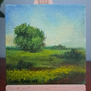 Miniature Landscape Magnet – Hand-Painted Rural Art – Rustic Fridge Decor – Tiny Countryside Acrylic Painting – Farmhouse Gift 3&quot;x3&quot; canvas