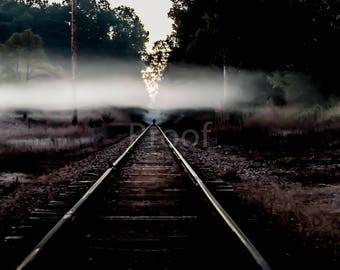 Railroad Photo Canvas, Fog, Wall Art, Landscape Photo, Mysterious, Wall Decor, Living Room, Train