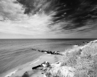 Black and White, Lake Michigan, Beach, dune, sky, water,  Wall Art, Landscapre Photo, Nature Photo, lakeshore