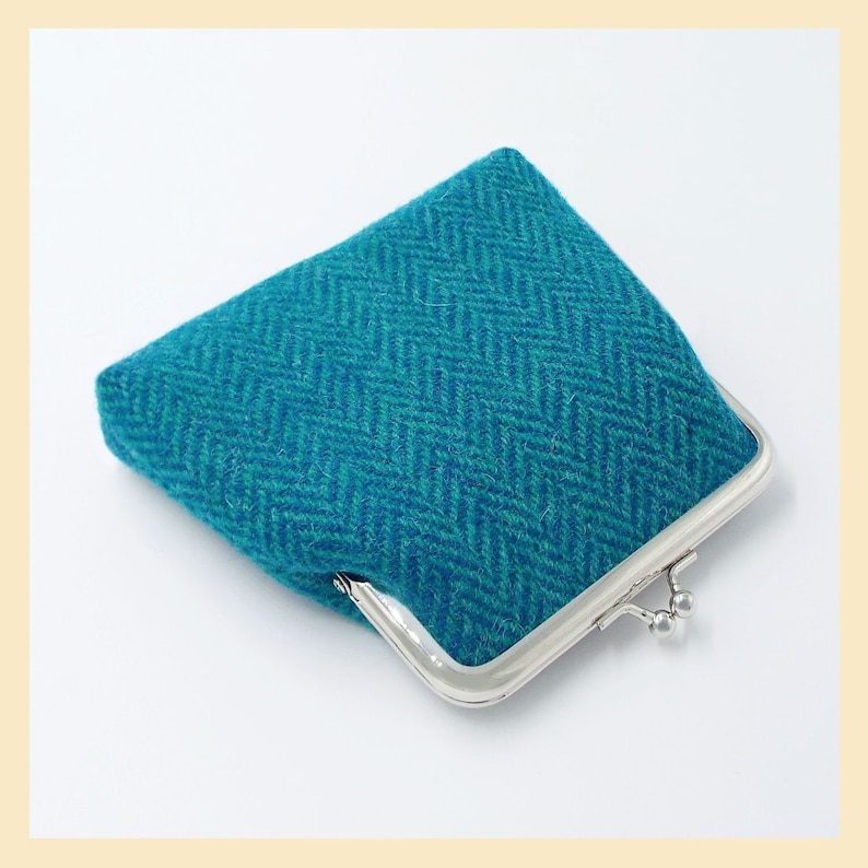teal and turquoise herringbone purse handmade in Scotland Harris Tweed purse