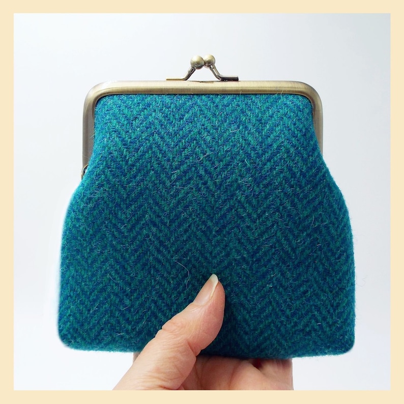 teal and turquoise herringbone purse handmade in Scotland Harris Tweed purse